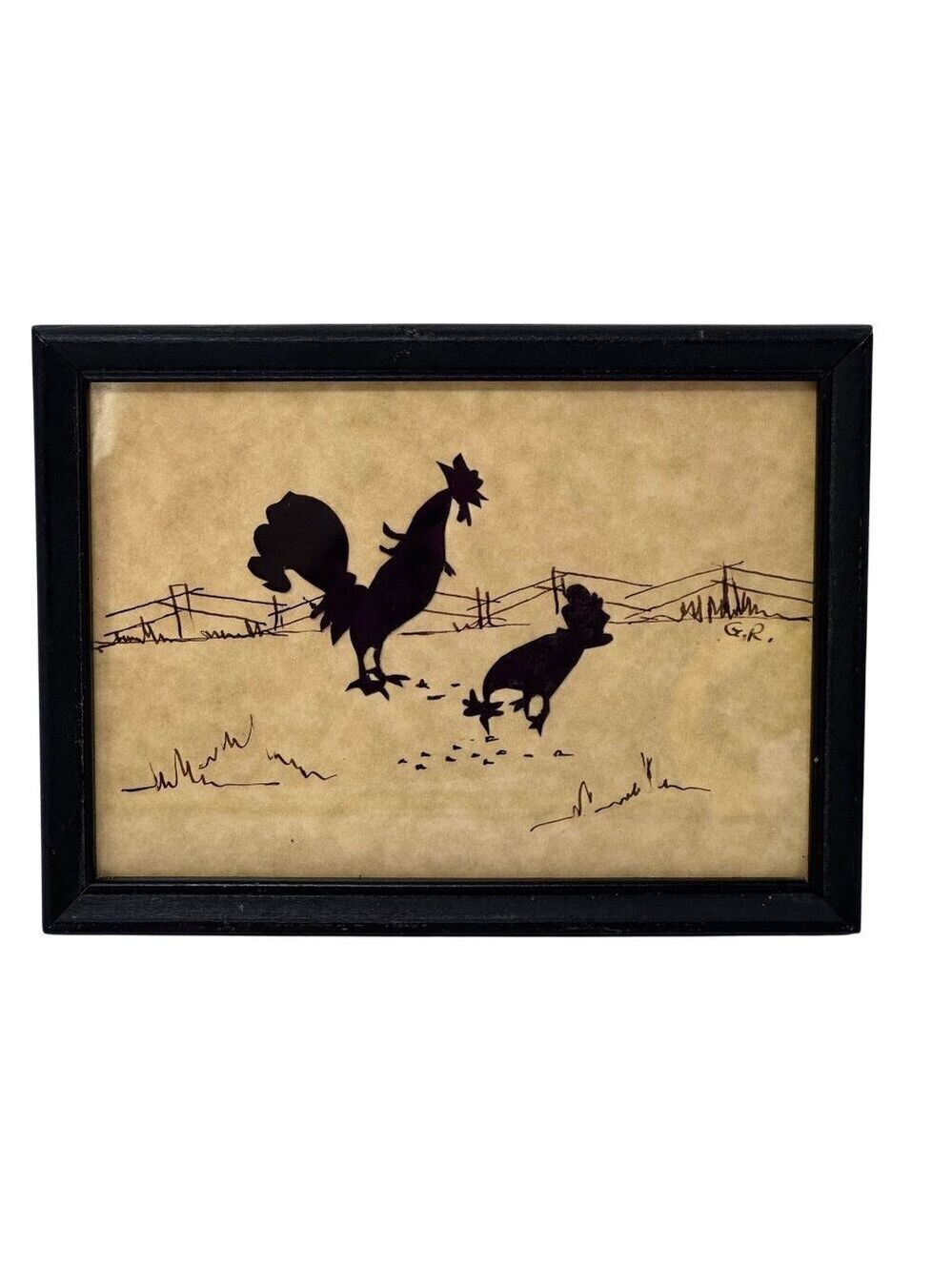 Vintage Rooster Hen Silhouette Farm Art Signed GR Framed Rustic Wall Decor